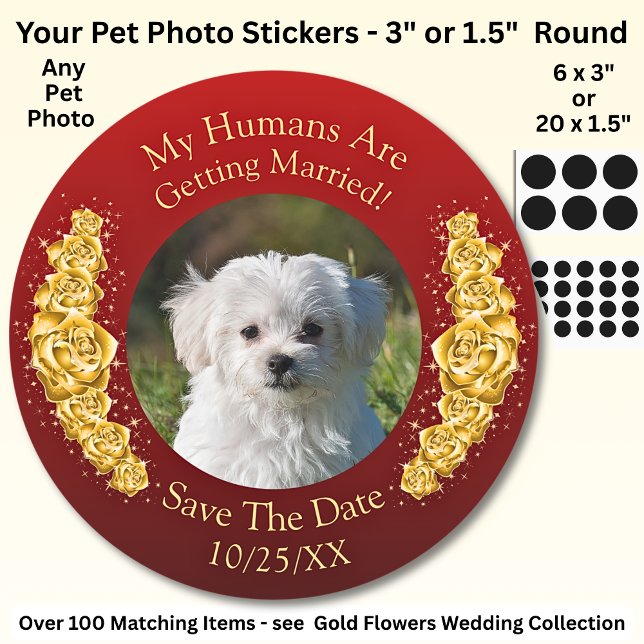 Adesivo Redondo Your Pet Photo, Save The Date, Gold Flowers Maroon (Criador carregado)