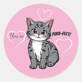 Adesivo Redondo You're Purr-fect Animated Cat and Hearts Pink