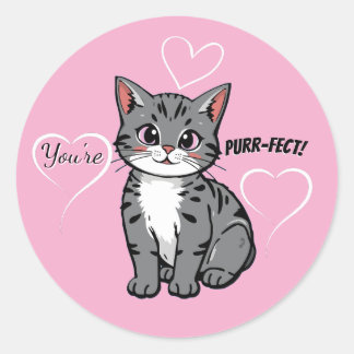Adesivo Redondo You're Purr-fect Animated Cat and Hearts Pink