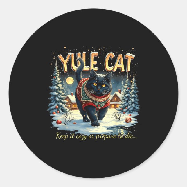 Adesivo Redondo Yule Cat Keep It Cozy Funny Winter Quote  (Frente)