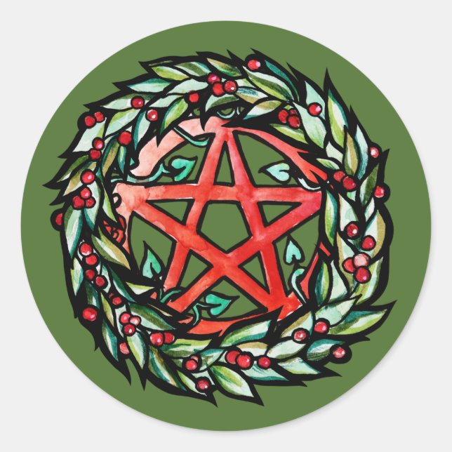 Adesivo Redondo Yule Wreath Pentacle Pagan Pentagram Feriado (Frente)