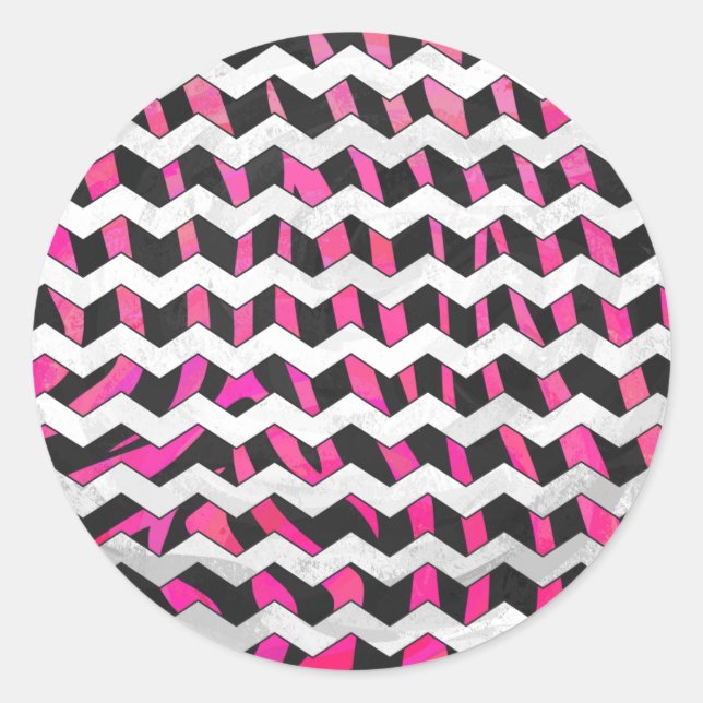 Adesivo Redondo Zebra Chevron Preto e Rosa Quente (Frente)