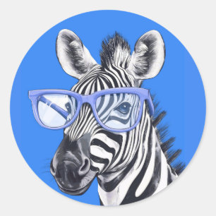 Adesivo Redondo Zebra Engraçada com Óculos Azuis Fofo