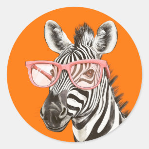 Adesivo Redondo Zebra Engraçada com Óculos Laranja Fofo