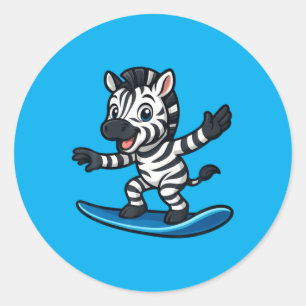 Adesivo Redondo Zebra Fofo de Surf Animal Divertido Praia Vibraçõe