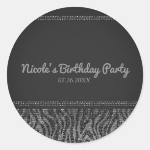 Adesivo Redondo Zebra Sparkle Silver & Black Glam Party Favor