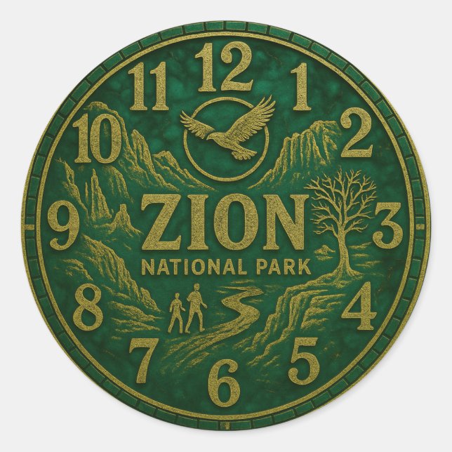Adesivo Redondo Zion National Park Canyon Hiking and Eagle Art (Frente)