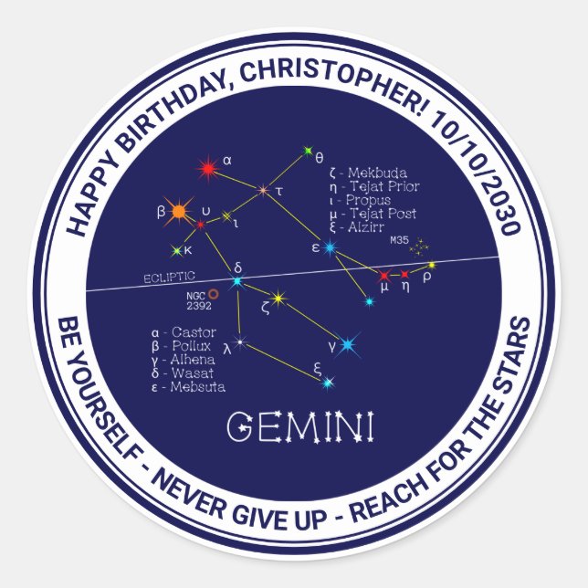 Adesivo Redondo Zodiac Constelação Gemini (Frente)