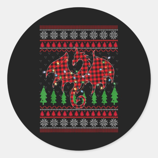 Adesivo Redondo Zodiac Dragon Ugly Sweater Christmas Lights Dragon (Frente)