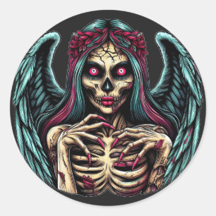 Adesivo Redondo Zombie Angel Dark Fantasy Art, esqueleto assustado