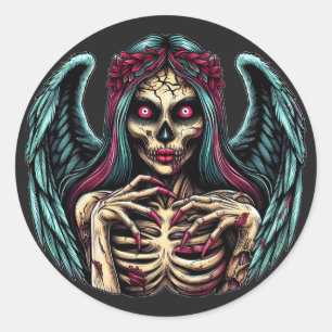 Adesivo Redondo Zombie Angel Dark Fantasy Art, esqueleto assustado