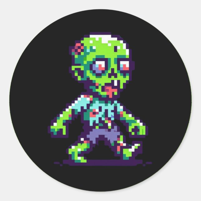 Adesivo Redondo Zombie Halloween engraçado de 8 bits (Frente)