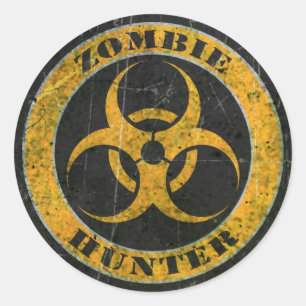 Adesivo Redondo Zombie Hunter, Zombie Hazard Amarelo Arranjado
