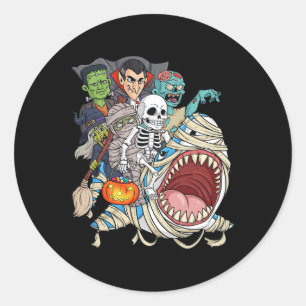 Adesivo Redondo Zombie Riding Mummy Shark Vampire Halloween Pumpki