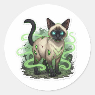 Adesivo Redondo Zombie Siamese - Halloween de Gato Siamês assustad