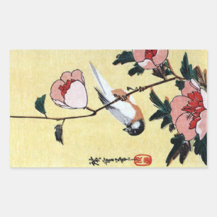 Adesivo Retangular 花に鳥, pássaro do 広重 e flor, Hiroshige, U
