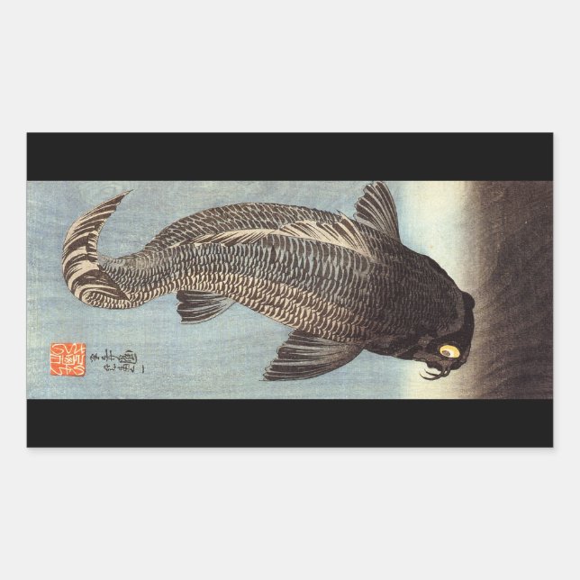 Adesivo Retangular 黒 鯉, 国 芳 Black Carp, Kuniyoshi, Ukiyoe (Frente)