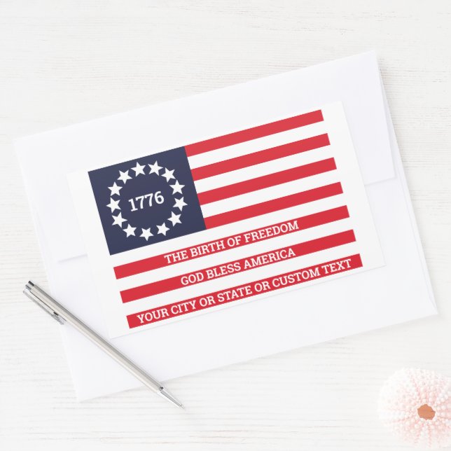 Adesivo Retangular 1776 Flag Opcional Texto Americano Betsy Ross (Envelope)