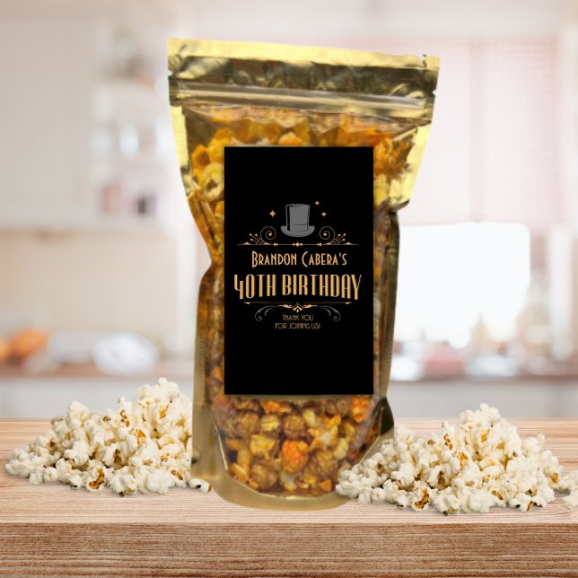 Adesivo Retangular 1920 Preto e Dourado da Arte de aniversário de 40  (speakeasy popcorn label 40th birthday custom name favor label gold and grey mens bday party sticker)
