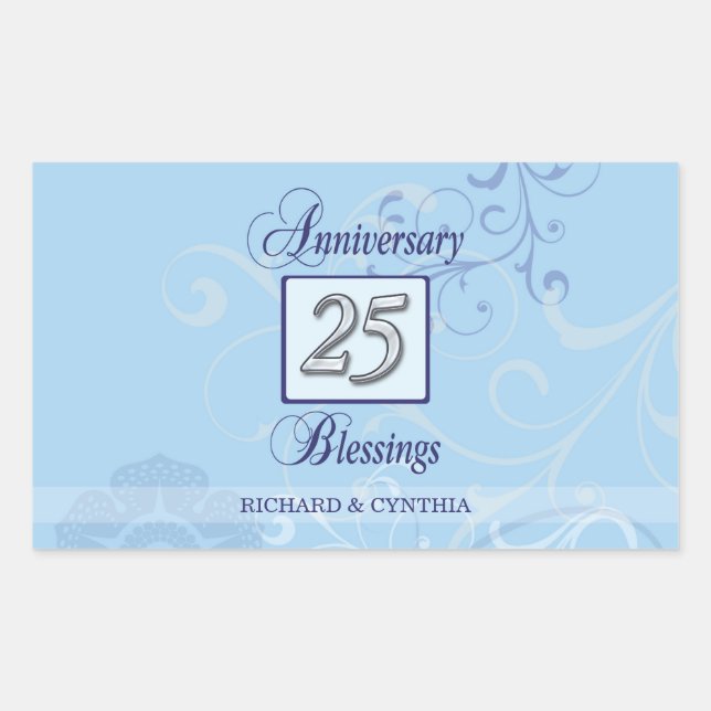 Adesivo Retangular 25º Aniversário em Azul e Prata (Frente)