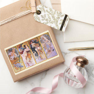 Adesivo Retangular 4 Estações de Alphonse Mucha, Arte Nouveau Antiga