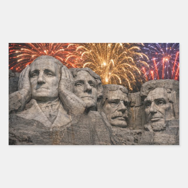 Adesivo Retangular 4th of July Mount Rushmore Humor with Fireworks (Frente)