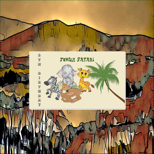 Adesivo Retangular 5 Birthday Jungle Safari Elepher Zebra Tiger (5th Birthday Jungle Safari Elephant Zebra Tiger Rectangular Sticker)