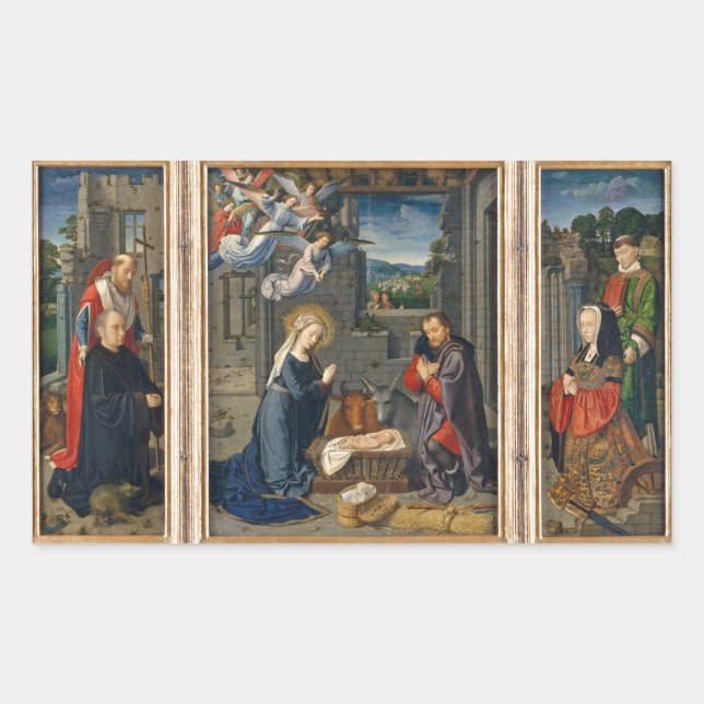 Adesivo Retangular A cena da natividade com doadores e Santos (Frente)