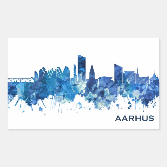Adesivo Retangular Aarhus Dinamarca Skyline Blue (Frente)