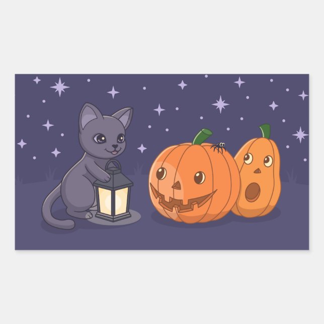 Adesivo Retangular Abóbora Lanterna Gato Preto Halloween Roxo (Frente)