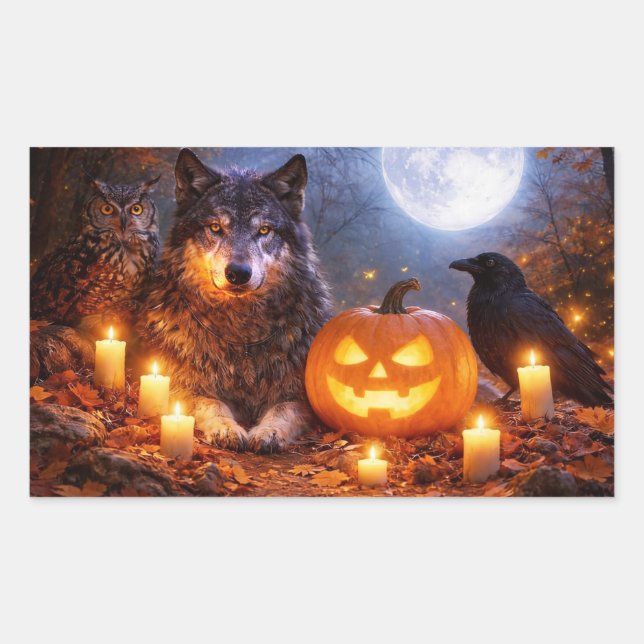 Adesivo Retangular Abóboras encantadas de Halloween com Lobo, Coruja  (Frente)
