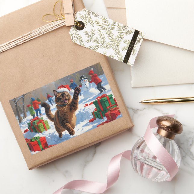 Adesivo Retangular Abyssinian Cat Natal Cena de Neve Festiva (Presentear)