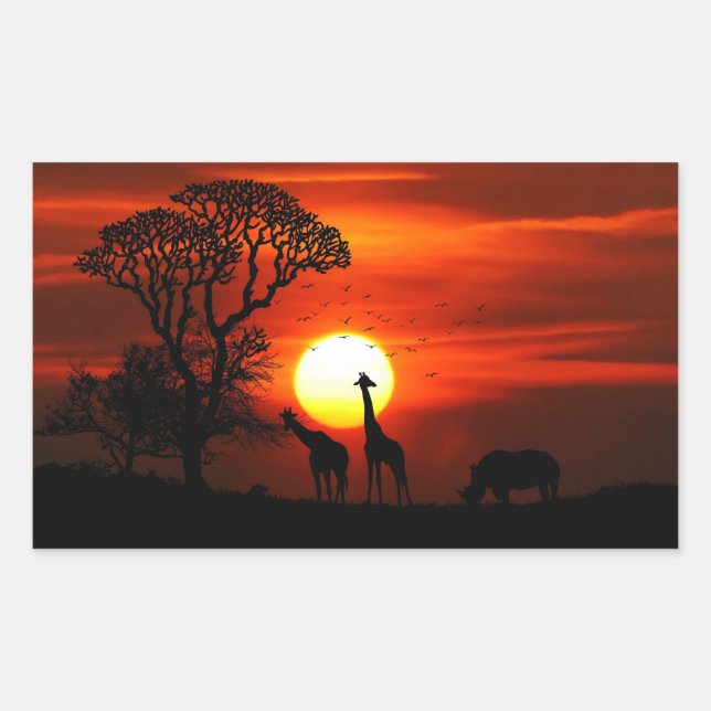 Adesivo Retangular Afafricano Safari Sunset Animal Silhouettes (Frente)