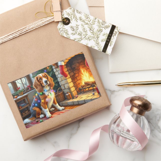 Adesivo Retangular Afghan Hound Fireplace with Christmas Lights (Presentear)
