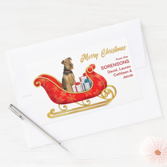 Adesivo Retangular Airedale Terrier Dog Christmas Sleigh (Envelope)