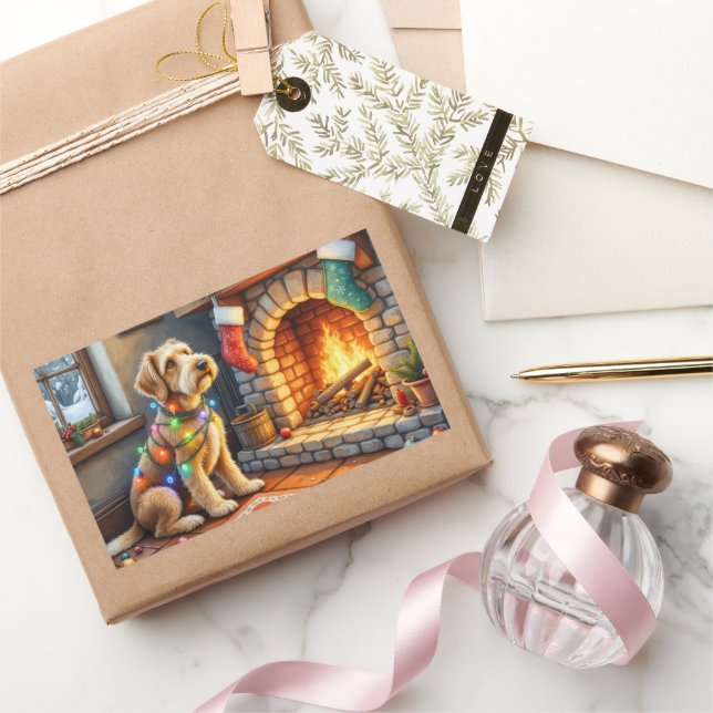 Adesivo Retangular Airedale Terrier Fireplace Christmas Lights (Presentear)