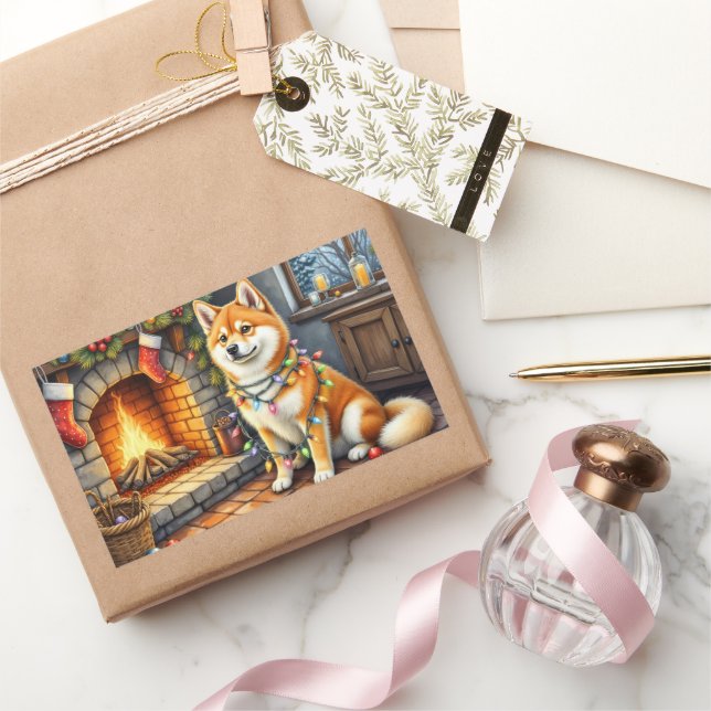 Adesivo Retangular Akita Sitting by Fireplace with Christmas Lights (Presentear)