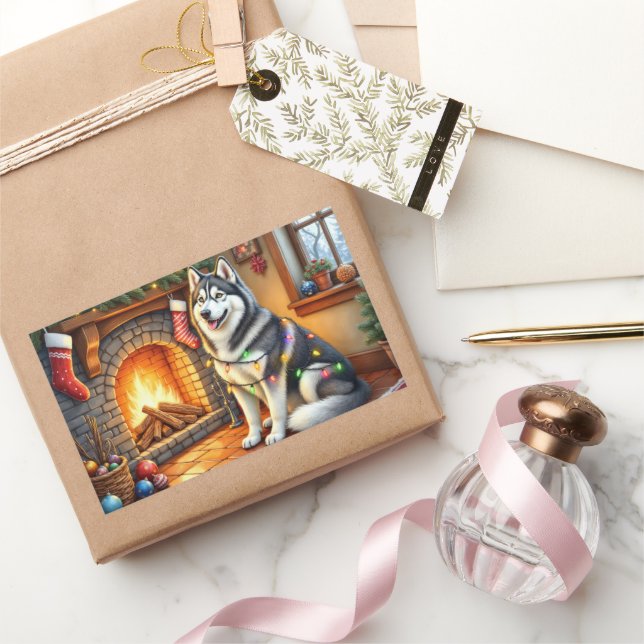 Adesivo Retangular Alaskan Malamute Fireplace with Christmas Lights (Presentear)