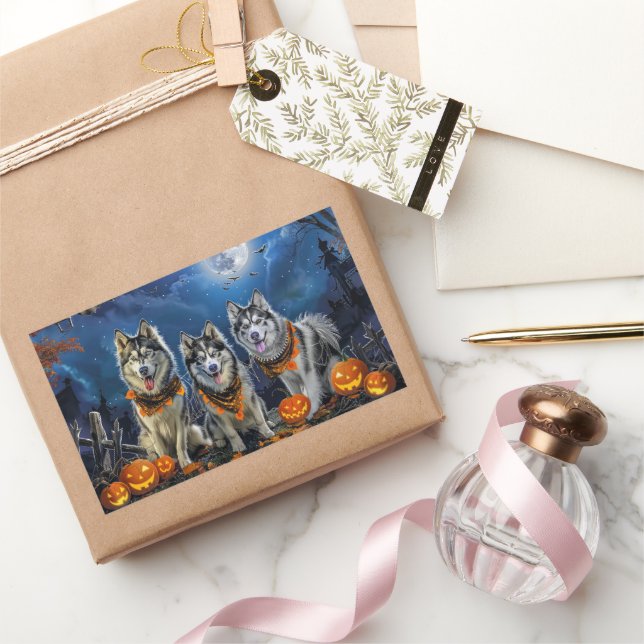 Adesivo Retangular Alaskan Malamute Halloween Spooky (Presentear)