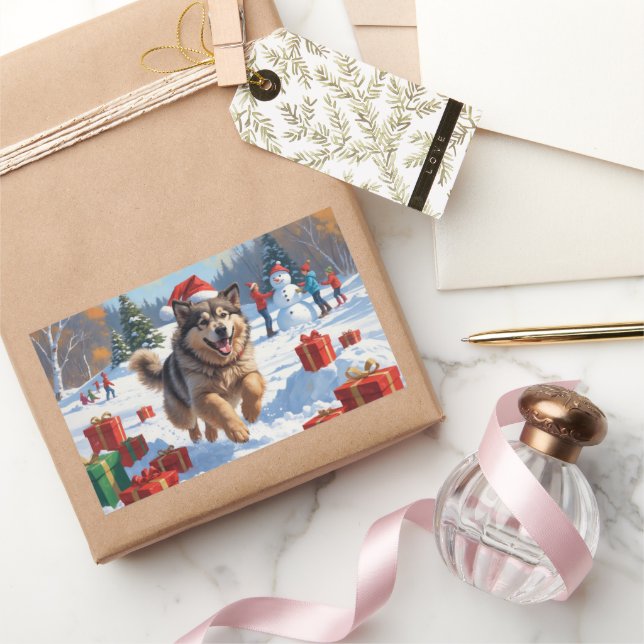 Adesivo Retangular Alaskan Malamute Natal Cena de Neve Festiva (Presentear)