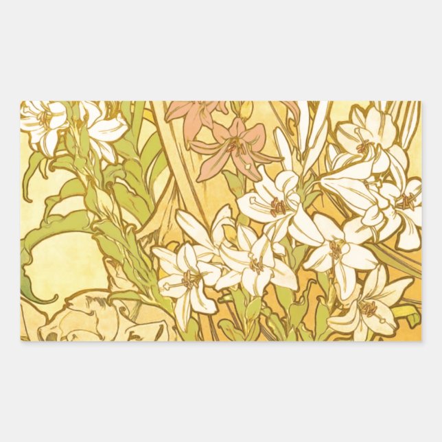 Adesivo Retangular Alfonse Mucha Art Nouveau Lily Flores (Frente)