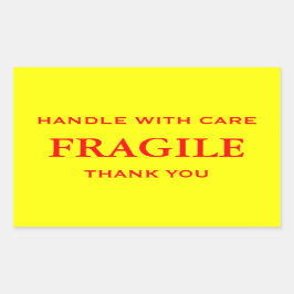 Adesivo Retangular Amarelo/Vermelho Frágil. Manipule com cuidado. Obr