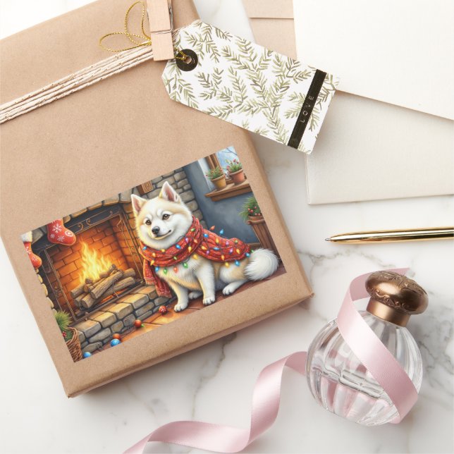 Adesivo Retangular American Eskimo Fireplace with Christmas Lights (Presentear)