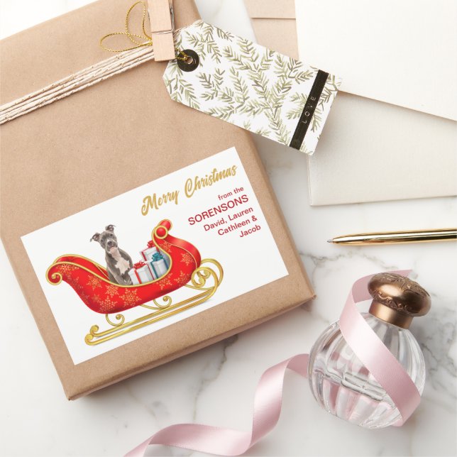 Adesivo Retangular American Staffordshire Terrier Christmas Sleigh (Presentear)