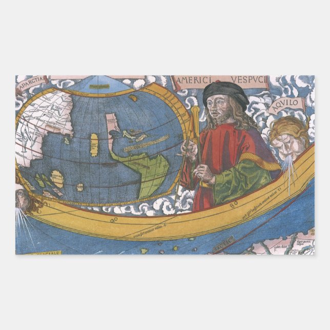 Adesivo Retangular Amerigo Vespucci Explorador em um Mapa das América (Frente)