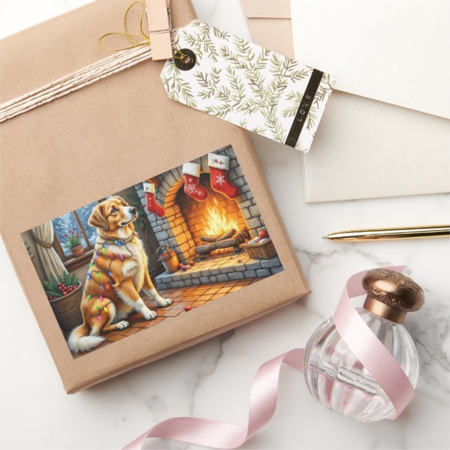 Adesivo Retangular Anatolian Shepherd Fireplace with Christmas Lights (Presentear)