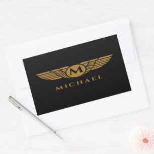 Adesivo Retangular Angel Wings Vintage Nome do Ouro Inicial Monograma
