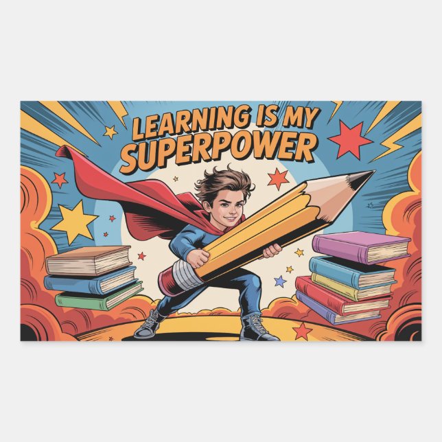 Adesivo Retangular Aprender É Meu Superpoder – Escola Heróica (Frente)