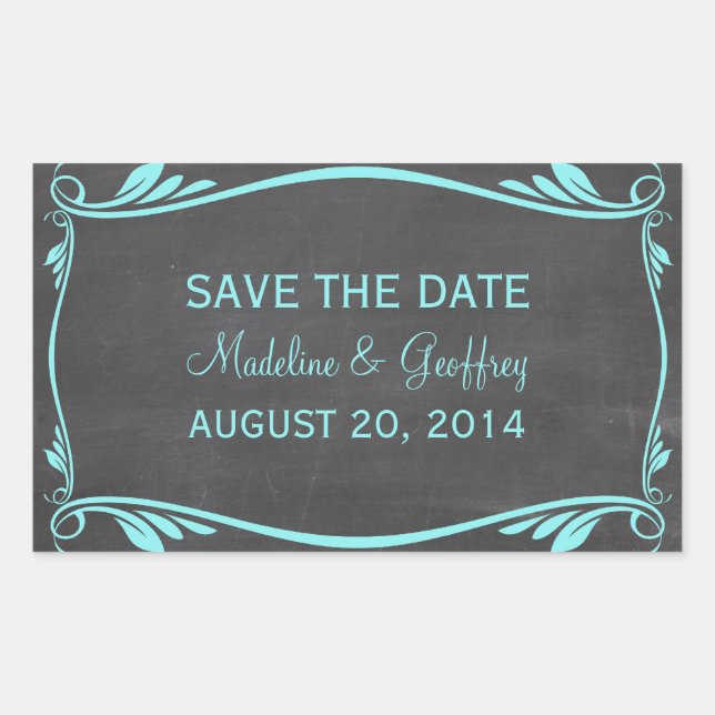 Adesivo Retangular Aqua Flourish Chalkboard Save the Date Stickers (Frente)