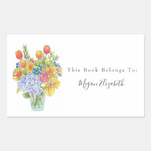 Adesivo Retangular Aquarela Colorida, Buquê Floral em Caneta e Tinta